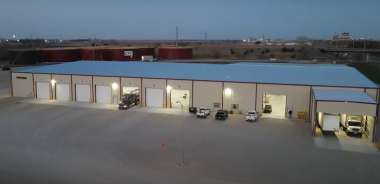 CPI liquid fertilizer and Ag Chemical building with 24/7 load out in the evening with farm trucks
