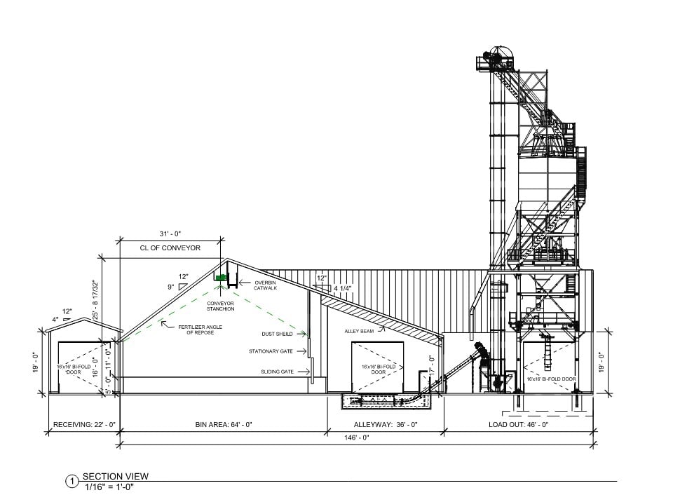 Drawing of a Fertilizer building using plans by stueve construction with a sackett waconia blend tower