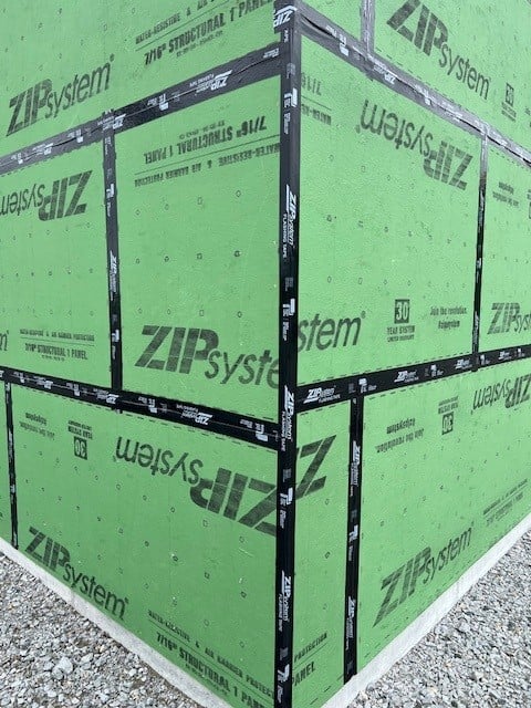 Green corner wall on zip board sheathing with taped edges